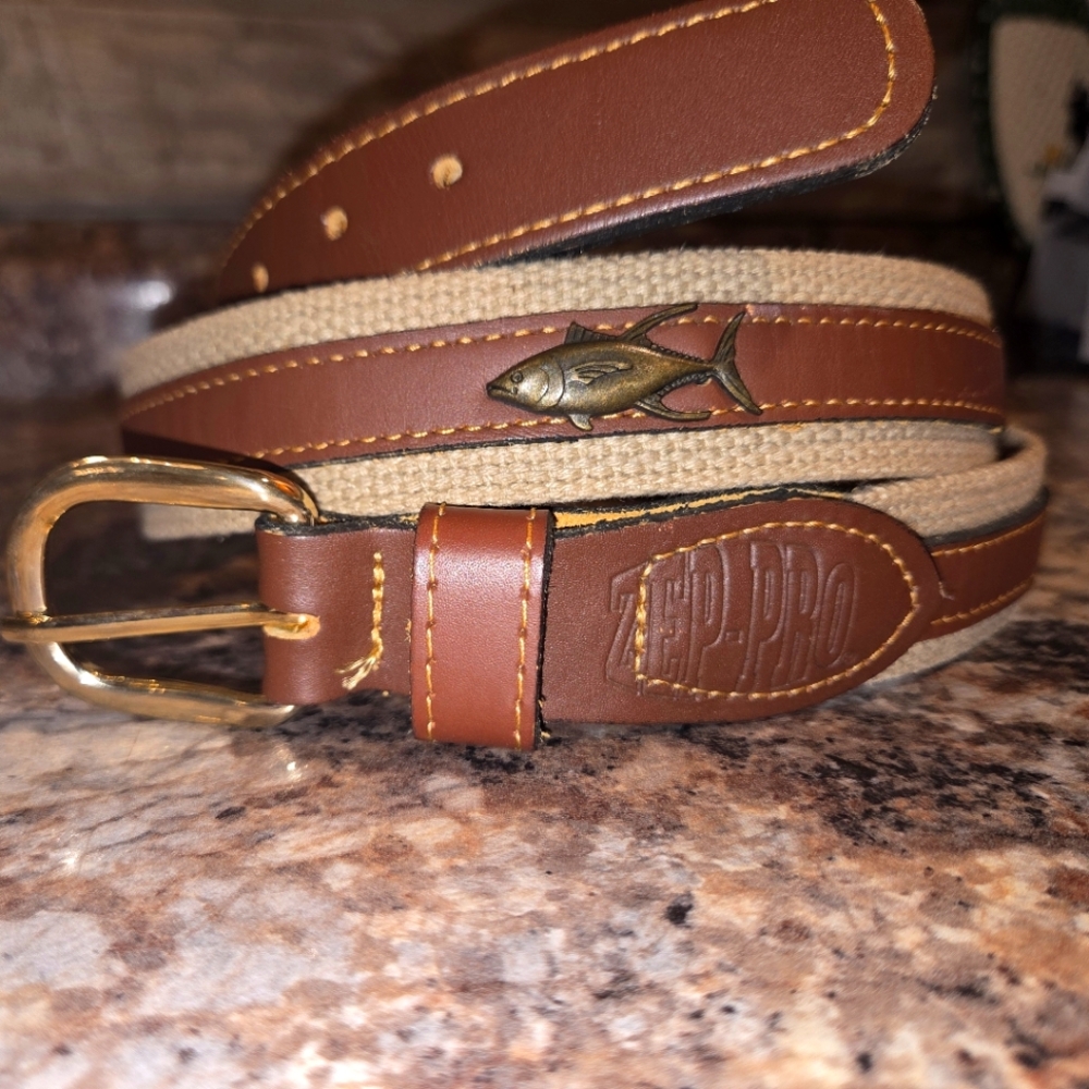 Zep-Pro Concho Belt SZ 38 Genuine Leather Canvas Tuna Conchos Brass Buckle USA